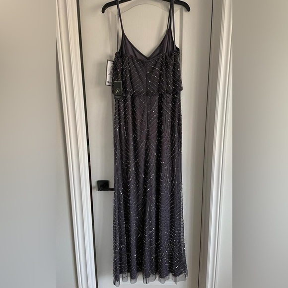 Nwt Adrianna Papell Spaghetti Strap Beaded Blouson Ball Gown in Gunmetal - Picture 7 of 15